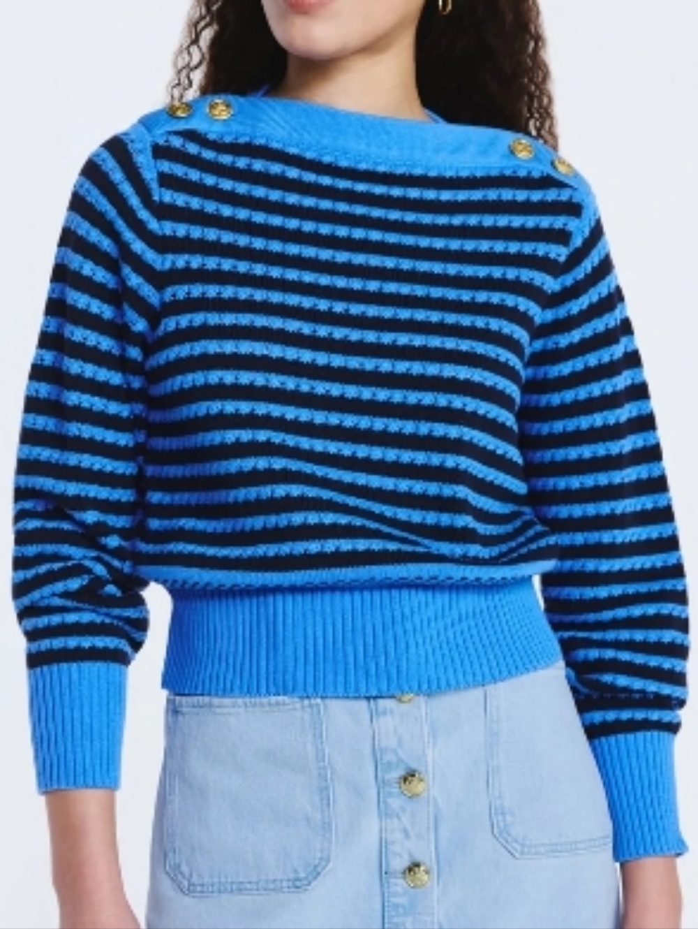Free Assembly Blue Black Striped Boatneck Cotton Sweater Gold Buttons Size Large